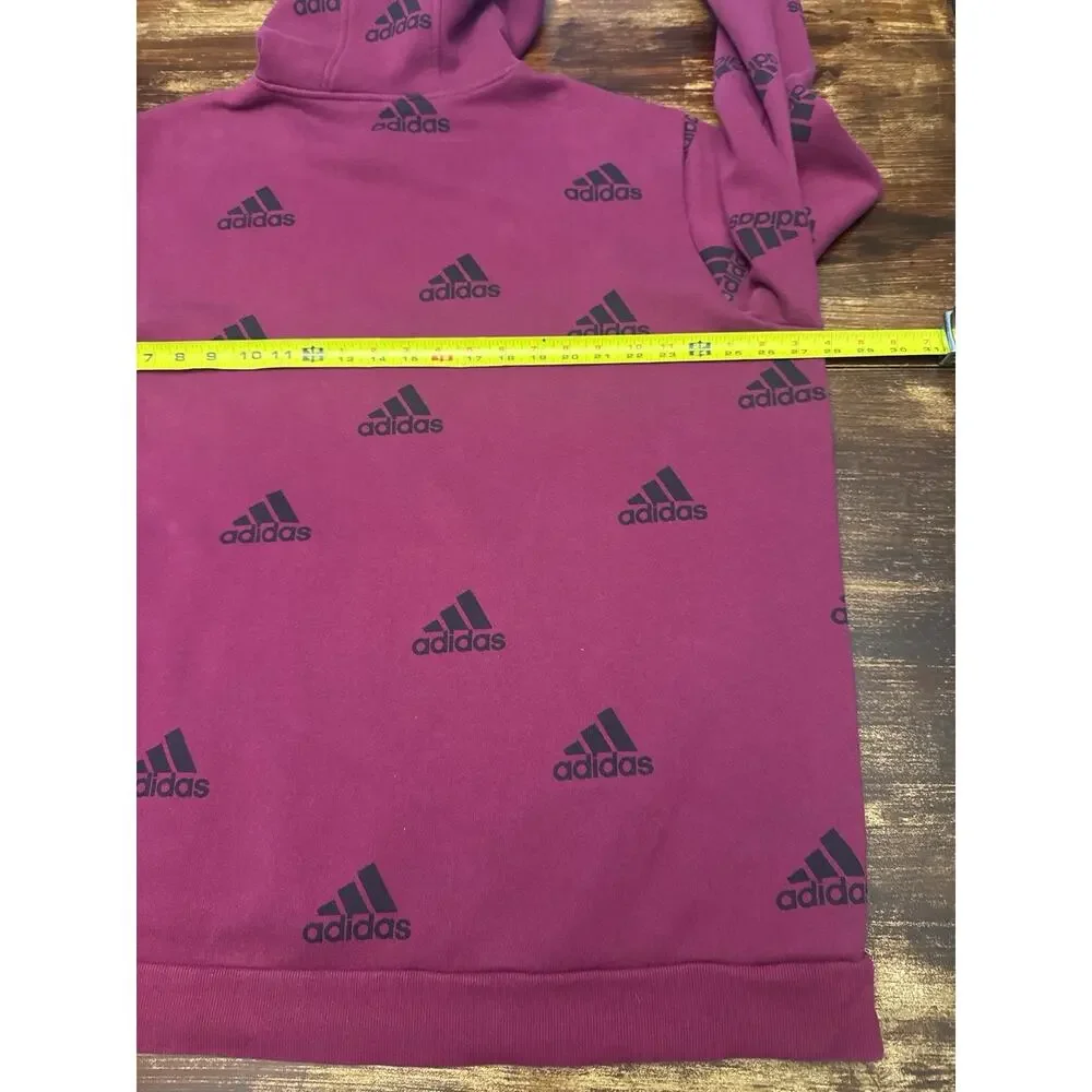 Adidas All Over Logo Hoodie Mens L Burgundy Pullover Sweatshirt